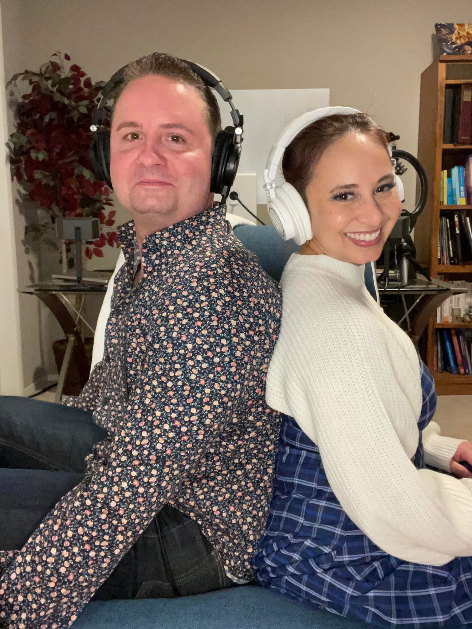 Brandon and Tina James wearing headphones back-to-back